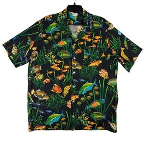 Scorpio Mens Hawaiian‎ Shirt Large Black Tropical Fish Marine Life Made in USA